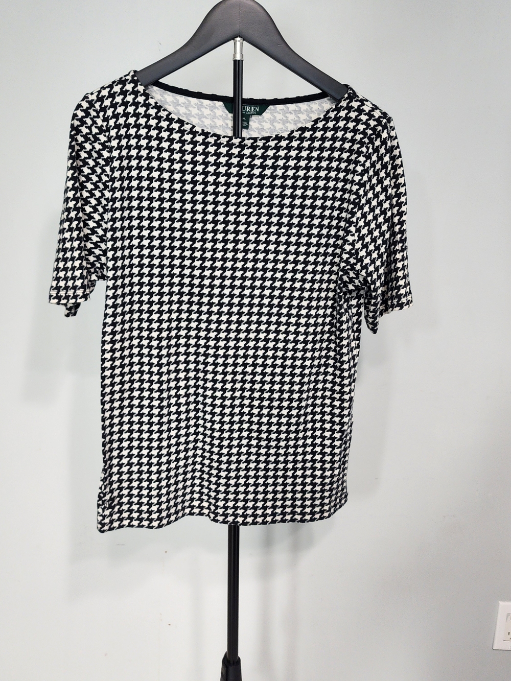 Lauren Ralph Lauren Black & White Houndstooth Short Sleeve Tee Suze XL
